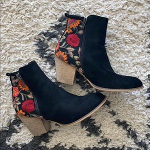 Fall floral black suede zip booties
